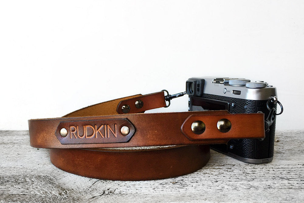 Personalized Sunburst Brown Genuine Leather Camera Strap